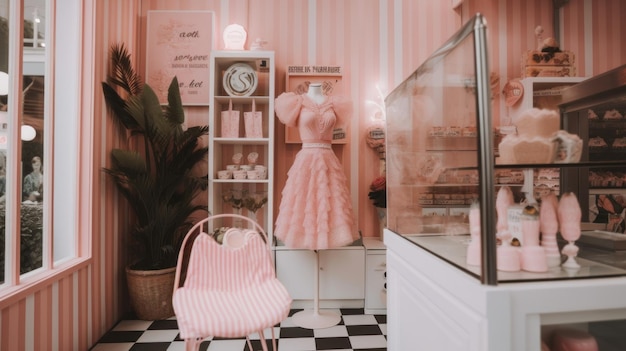 A pink dress shop with a pink chair in front of it generative ai image