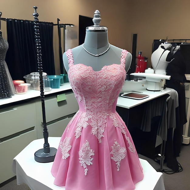 A pink dress with laces on it is on a mannequin.