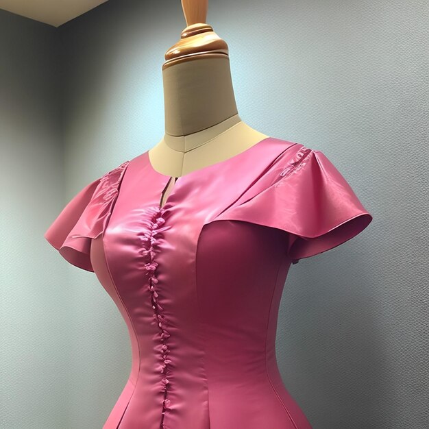 A pink dress with ruffles on the front and the back has a button at the bottom.