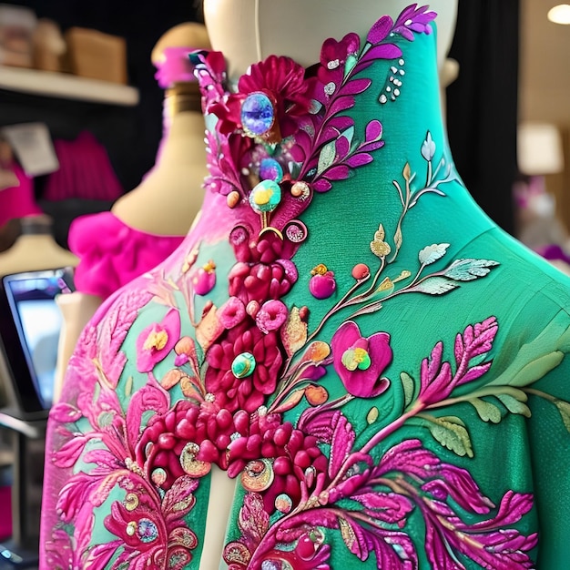 A pink dress with a silver and pink design is on a mannequin.