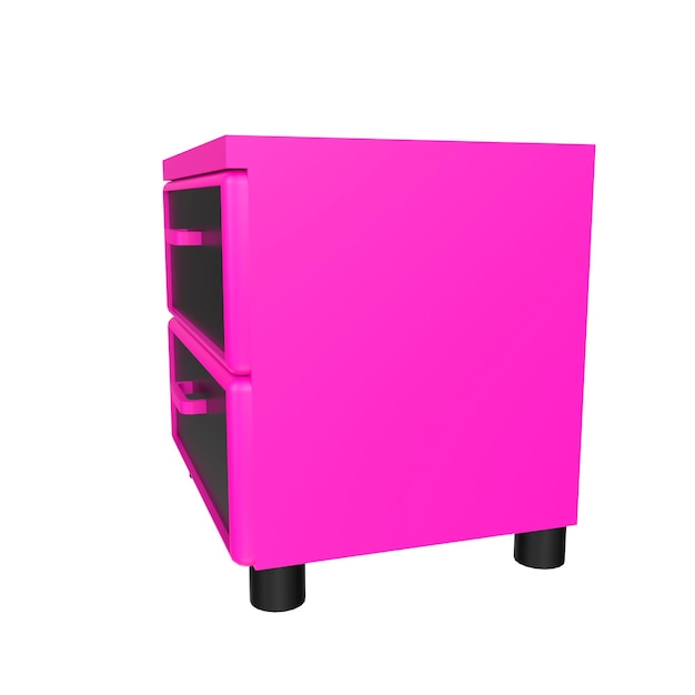 A pink dresser with black drawers and black legs.