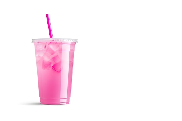 Pink drink in plastic cup isolated on white background Take away drinks concept with copy space