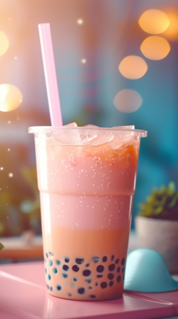 A pink drink in a plastic cup with a pink straw.