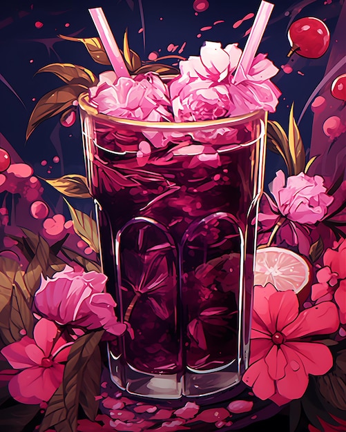 写真 花や果物を添えたピンクの飲み物