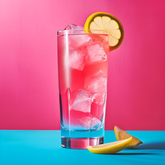 Photo a pink drink with ice and a pink background on the blue table