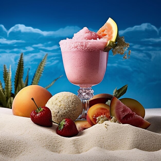 A pink drink with strawberries and other fruit on a beach.