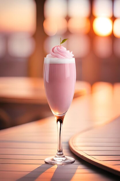 A pink drink with a strawberry cream cocktail on a bar.