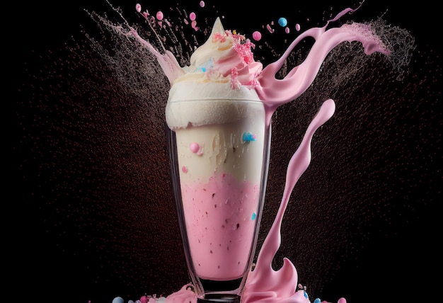 A pink drink with white frosting and a pink ice cream cone with a blue and yellow sprinkles.