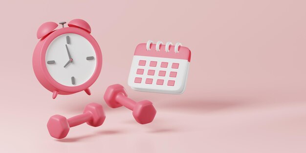 Pink dumbbell with calendar and alarm clock on pink background\
weight training bodybuilding exercise planning for gym fitness\
dieting for health muscular building equipment concept 3d\
rendering