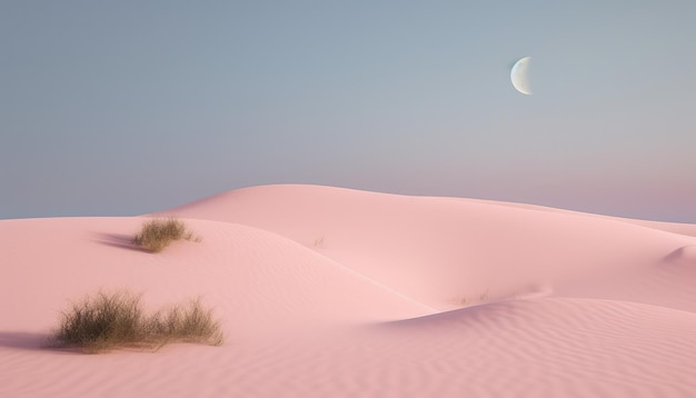 Pink dunes in the desert with a soft purple sky