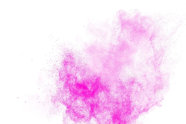 Pink dust particles splash on white background.