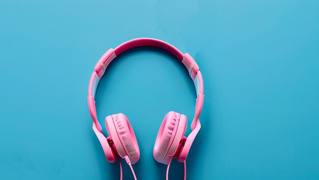 Photo pink earphones on blue background generative ai