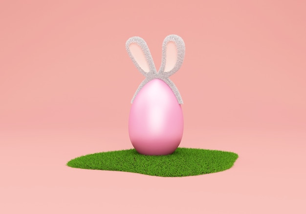 Pink Easter Egg with Furry Bunny Ears on Green Grass on