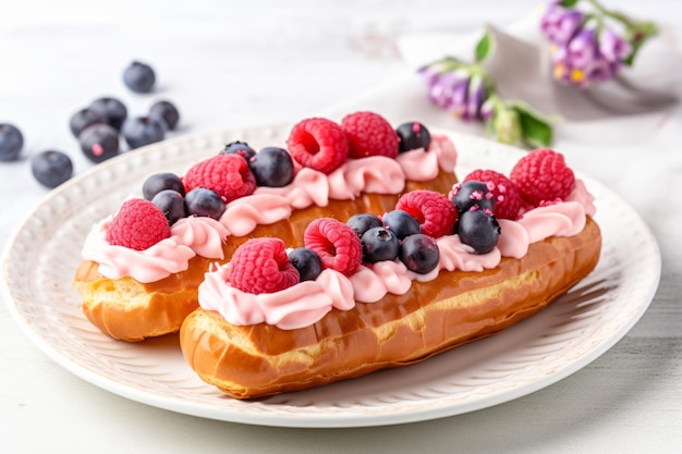 Pink eclairs with beries on a white plate