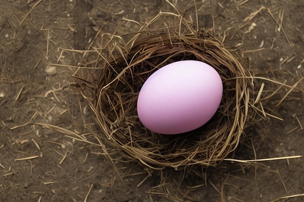 A pink egg sits in a nest on a dirt surface.