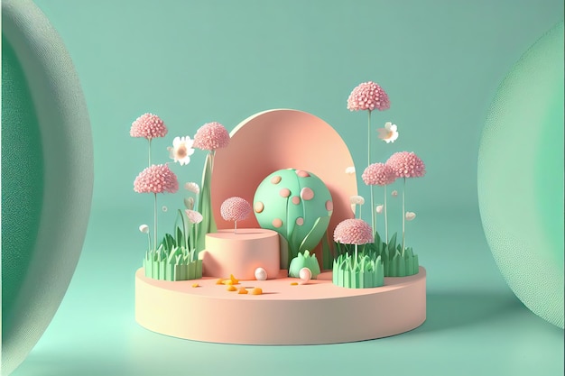 A pink egg sits on a round stand with a flower garden in the background.