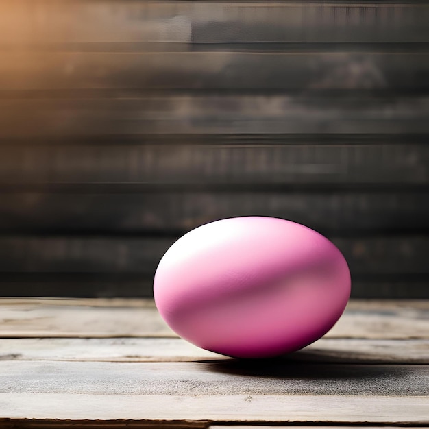 A pink egg sits on a wooden table with a black background.