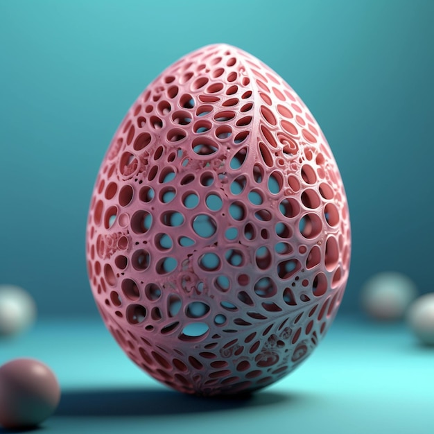 A pink egg with holes in it and a blue background.