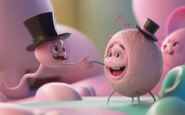 a pink egg with a man in a hat and a pink egg