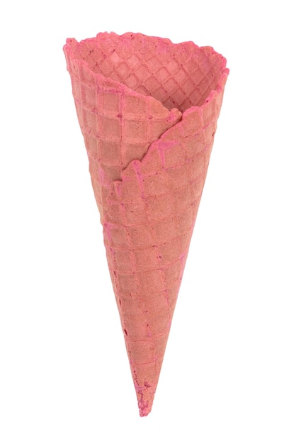 Pink empty ice cream cone on white background