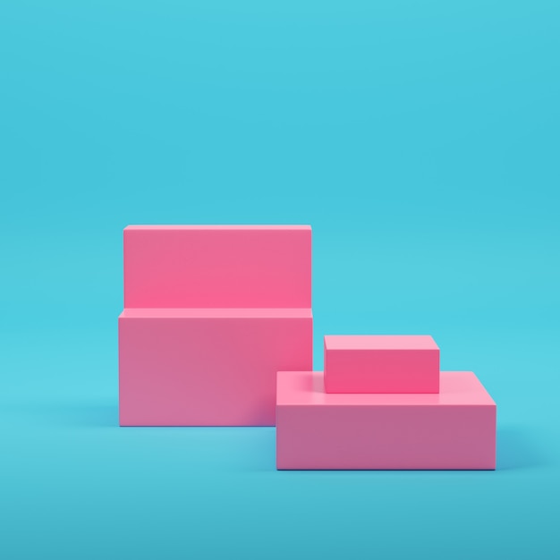 Pink empty product display stand on bright blue background in pastel colors. Minimalism concept. 3d render