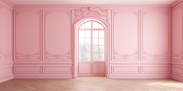 Photo pink empty room with boiserie on the wall in classic style