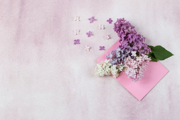 in a pink envelope a bouquet of lilacs