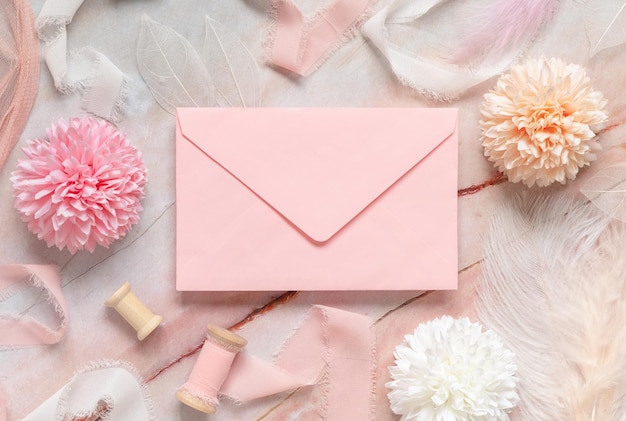 Pink envelope between pastel flowers silk ribbons and feathers on marble top view