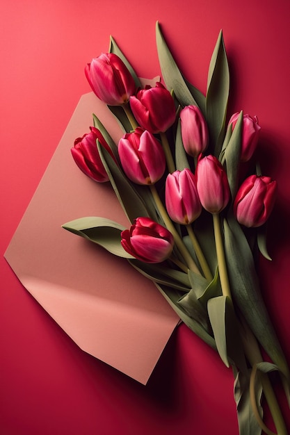 A pink envelope with a bunch of tulips on it.