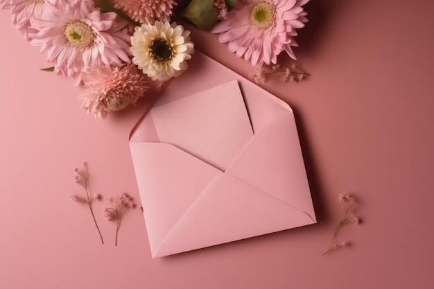 Pink envelope with flowers on a pink background