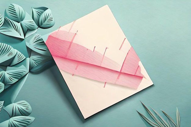 A pink envelope with a pink ribbon on it sits on a blue table.