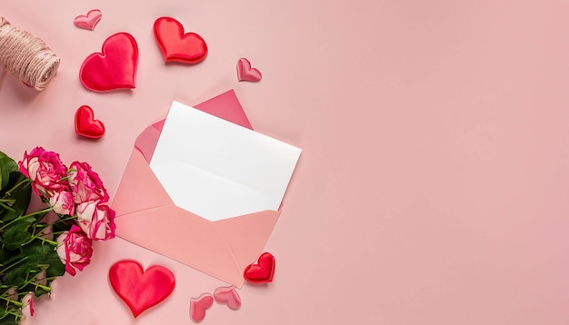 A pink envelope with red hearts on it on a pink background.