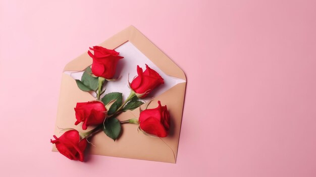 A pink envelope with red roses on it