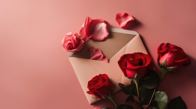 A pink envelope with roses on it and a pink envelope with a pink heart on the top