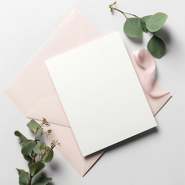 ピンクの封筒の上に白いカードがあり、上部にユーカリの葉があります。