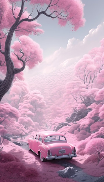 Pink environment with pink car and nature