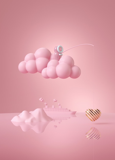 Bambola eschimese rosa che pesca l'amore su nuvola rosa