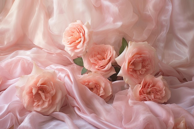 pink fabric background with roses soft focus and copy space pink roses on soft silk AI Generated