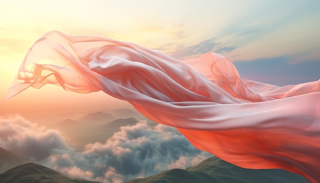 A pink fabric flying over a mountain landscape