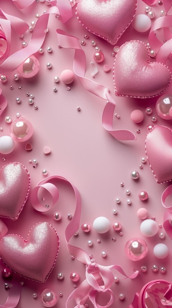 Розовая ткань сердца ленты и жемчуг на розовом фоне плоский слой