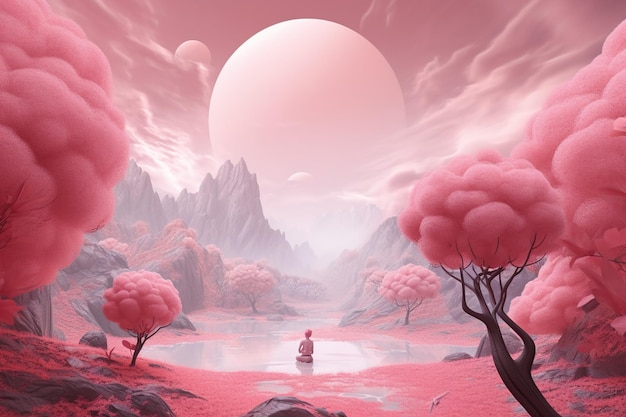 Розовый мир фантазий Фантастический лес с озерами и деревьями Розовый мир фантазий Сгенерирован AI