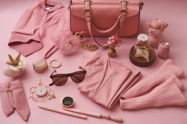 ピンクの背景にピンクのファッションアイテムとアクセサリー