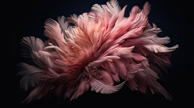 A pink feather is on a black background