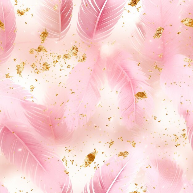 Pink feathers with gold glitters on a white background generative ai