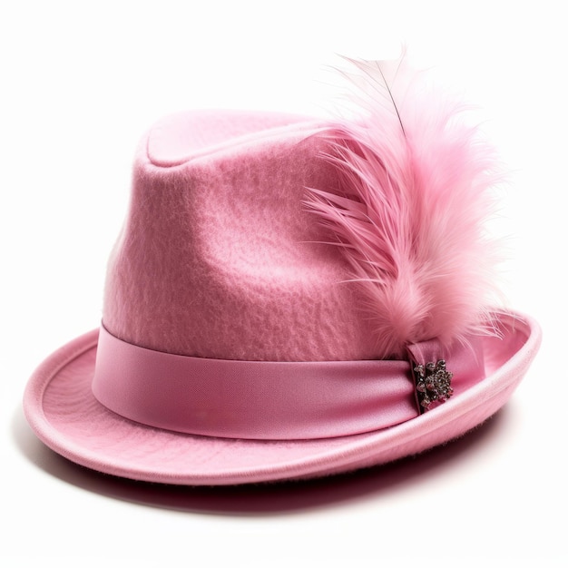 Foto cappello fedora rosa con nastro di pelliccia isolato su sfondo bianco