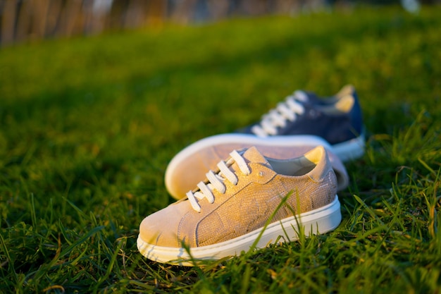 Pink female sport shoes on the green park background