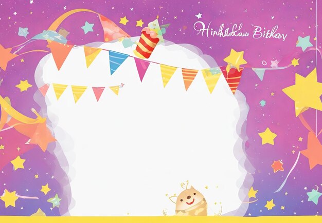 Pink festive poster with bright colorful flags and confetti Design for kids party birthday in cart