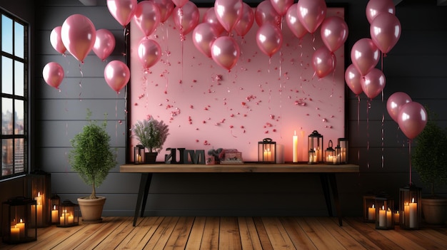 Pink fiesta banner on wooden floor with spotlight confetti balloons