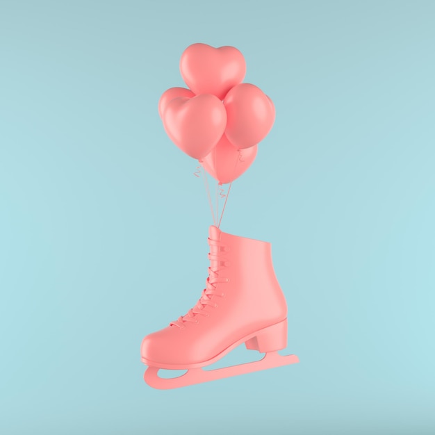 Pink Figure Skates with heart shaped balloons on Blue background 3d illustration