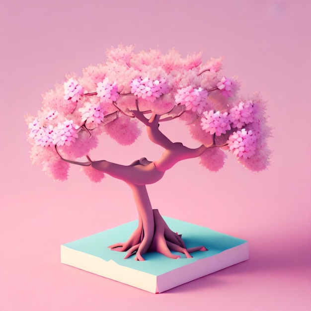 A pink figurine of a cherry blossom tree is on a pink background.